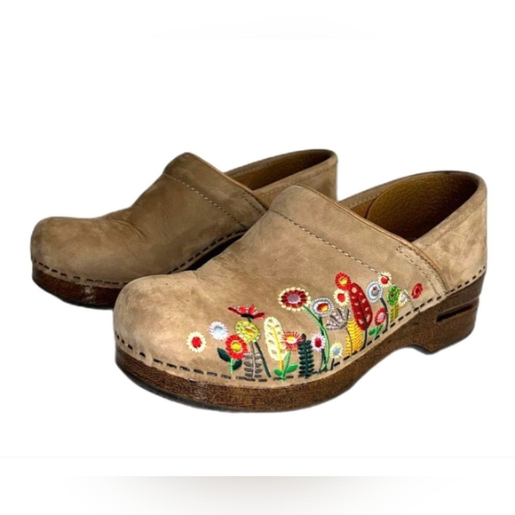 Dansko Shoes - Dansko Tan Clogs with Colorful Embroidery and Sturdy Sole